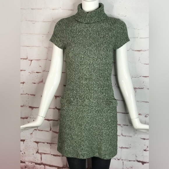 JJ BASICS M Knit Sweater Mini Dress Olive Green Marled Knit Short Sleeve Medium - Picture 14 of 15
